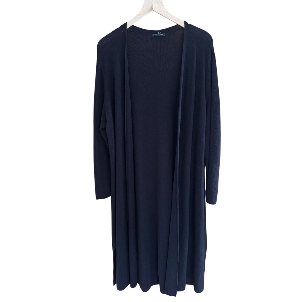 Eileen Fisher XL Black Organic Linen Ribbed Duster Cardigan Long Open Front